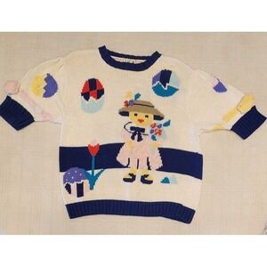 Vintage 1989 Lisa Nichols Hand Knit Cotton Sweater Easter Eggs Girl Spring Large